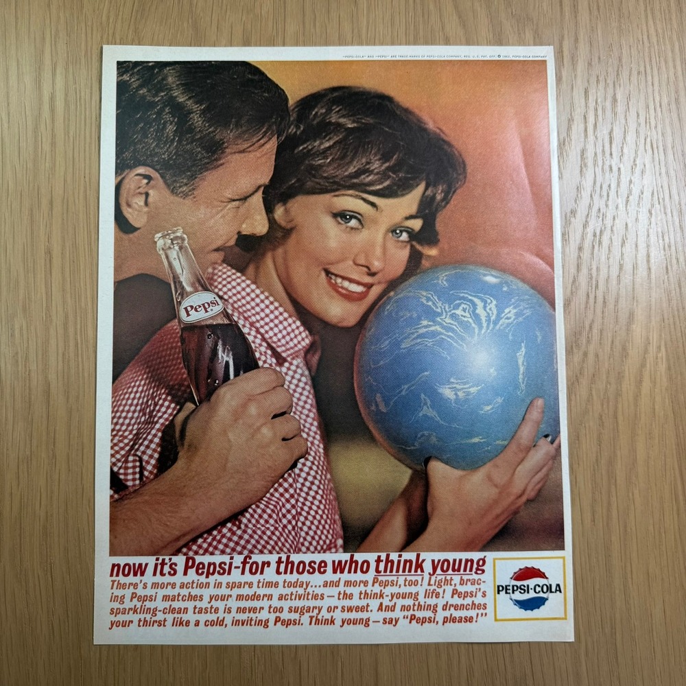 1963 Pepsi Now It's Pepsi For Those Who Think Young Bowling Couple Vintage